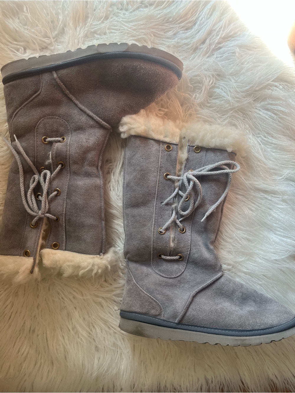UGG Light Gray Faux-Suede Lace-Up Shearling Trim Mid-Calf Boots - Picture 2 of 7